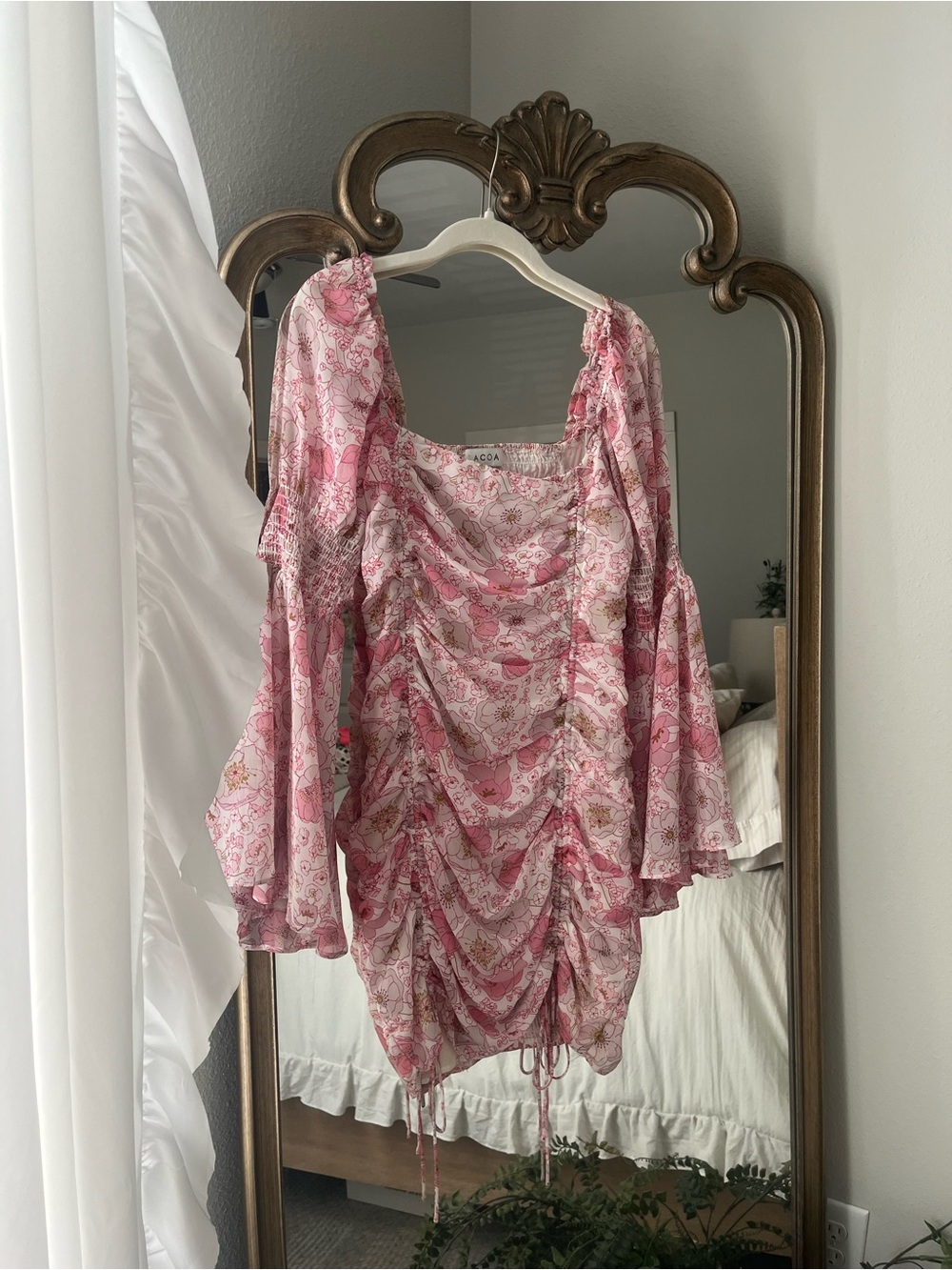 Pink Floral Ruched Bell Sleeve Mini Dress
